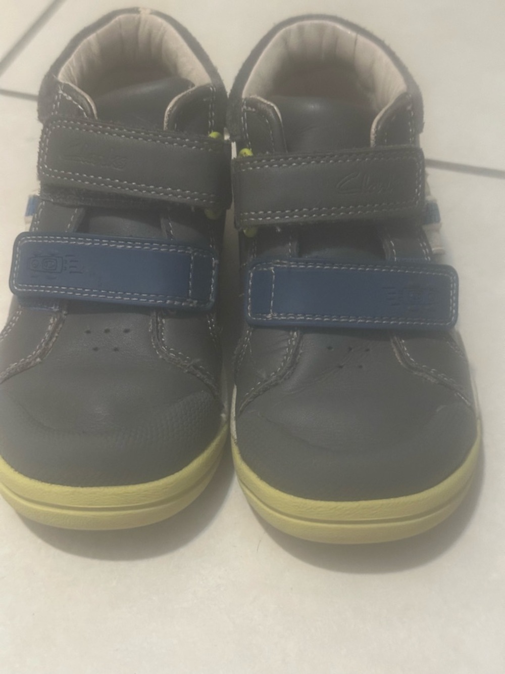 Clarks Kids Navy and Yellow Leather Moccasins with Velcro Straps